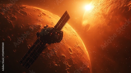 Mars orbiter satellite exploring the red planet during sunrise. photo