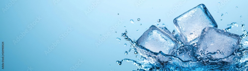 Ice cubes splash into a clear blue pool of water, creating dynamic ripples and emphasizing freshness and coolness. Ice cubes splash into a clear blue pool of water, creating dynamic ripples and emphasizing freshness and coolness.