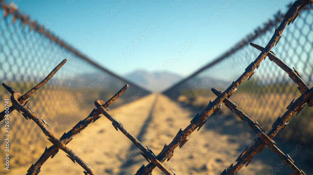 High wall with barbed wire along the border at sunset, marking a separation between regions and the harsh landscape High wall with barbed wire along the border at sunset, marking a separation between regions and the harsh landscape