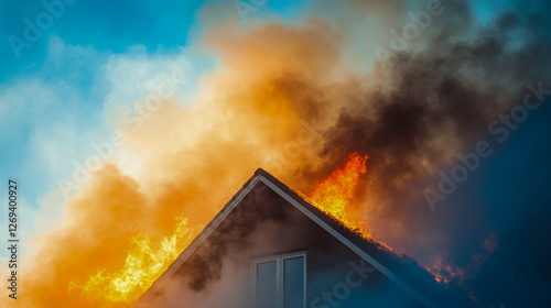 Fire engulfs a wooden house with dark smoke billowing into the blue sky during a daylight emergency photo