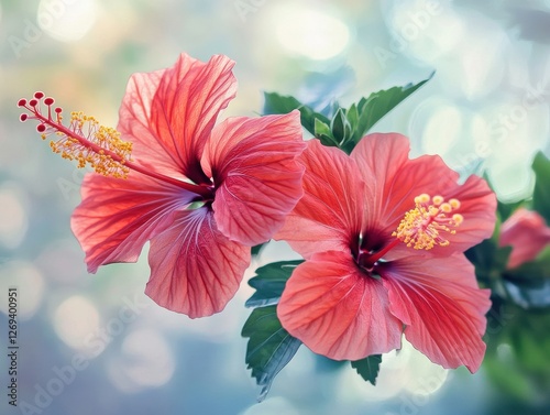 Beautiful pink hibiscus flowers blooming in natural sunlight with blurred background