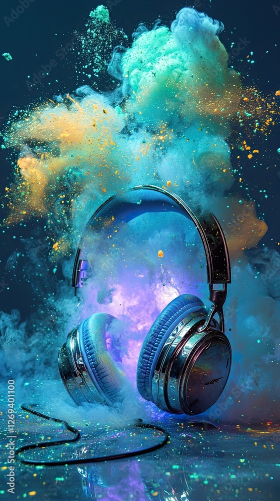 Fototapeta premium Colorful explosion surrounds modern headphones creating a vibrant artistic display