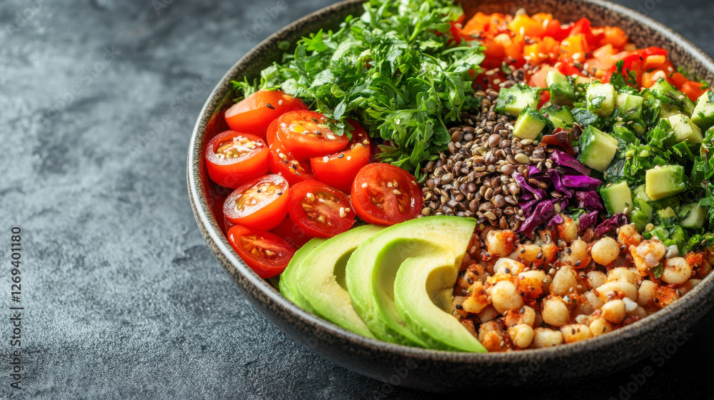 Organic salad with fresh avocado slices and mixed seeds served in a rustic bowl on a dark background Organic salad with fresh avocado slices and mixed seeds served in a rustic bowl on a dark background