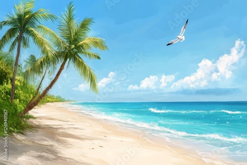 Coastal paradise with palm trees, seagulls, and gentle waves under a bright sky