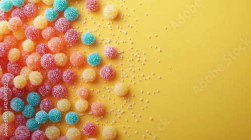 Colorful candy assortment scattered on bright yellow background for playful d...