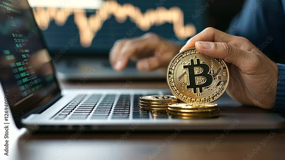 Cryptocurrency Investor Monitoring Bitcoin Prices on Laptop
