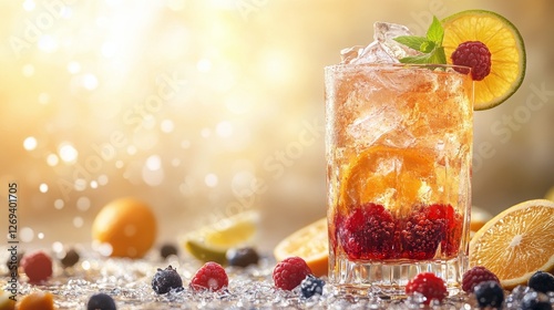 Refreshing summer cocktail with fruits and ice served in a clear glass