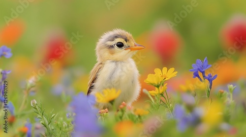 Young bird standing amidst vibrant wildflowers in a colorful meadow during sp...