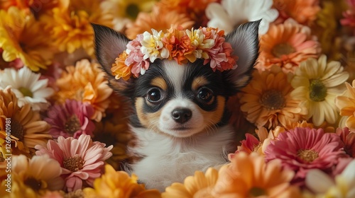 Cute puppy with flower crown surrounded by colorful blooms in a bright garden