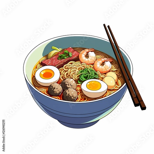 illustration of a bowl of lighcolored ramen with a couple of chopsticks on a simple white background