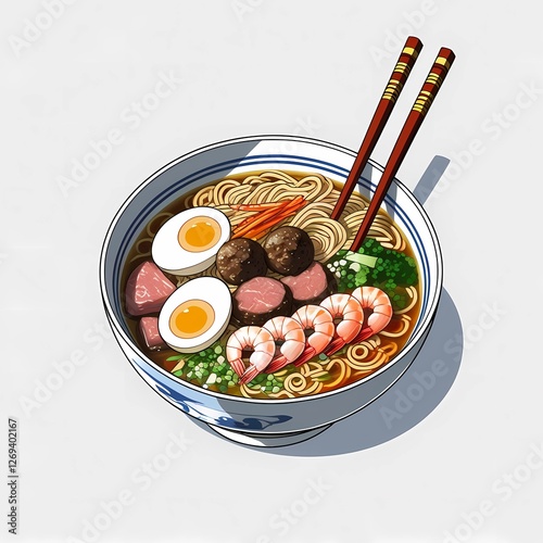 illustration of a bowl of lighcolored ramen with a couple of chopsticks on a simple white background
