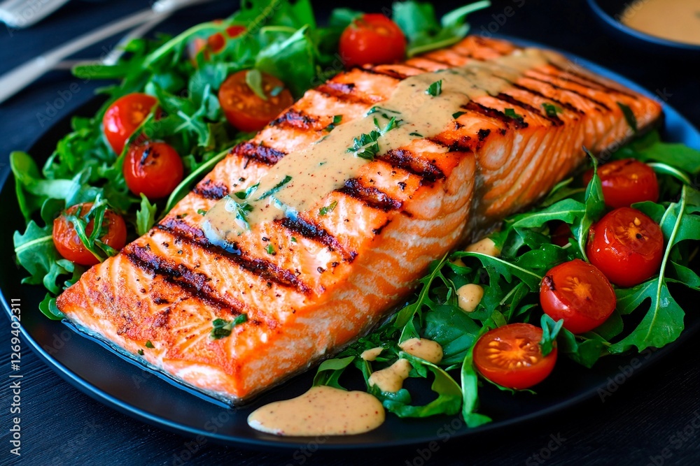 Grilled salmon served on a bed of fresh greens with cherry tomatoes and a savory sauce Grilled salmon served on a bed of fresh greens with cherry tomatoes and a savory sauce