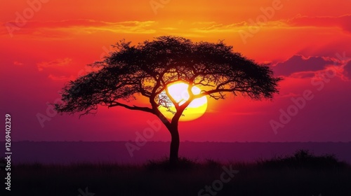 Stunning sunset behind a silhouette of a tree in the savanna landscape