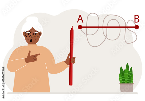 A woman with a red pencil in his hand. A line is drawn from point A to point B, a straight and difficult path, the shortest distance to the goal, an easy or short path to success in business and life.