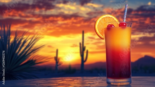 Tequila sunrise cocktail enjoying arizona desert sunset with cactus and agave, copy space