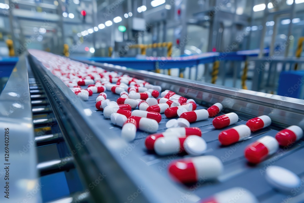 Fototapeta premium Conveyor belt in drug factory, pharmaceutical production line.