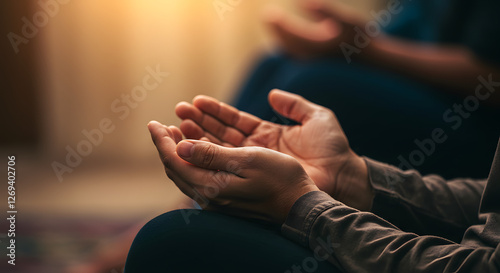 A close-up of hands making Dua during Ramadan prayers