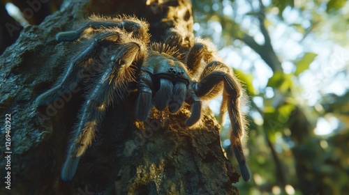 Close up of a tarantula resting on a tree trunk in a vibrant forest during da...