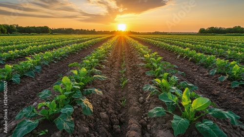 Sunrise over a golden field with distant hills and a clear sky