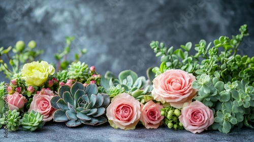 Beautiful arrangement of pink and green flowers showcasing roses and succulen...