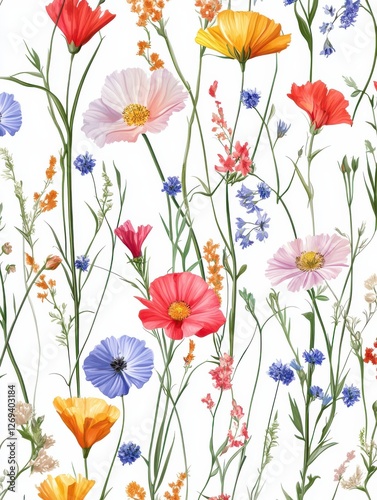 Seamless pattern with colorful wild flowers on white background.