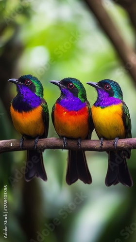 Colorful tropical birds perched on a branch in a lush jungle during daytime i...