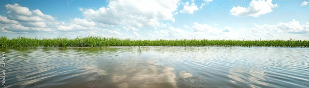 A serene landscape featuring a calm water body reflecting clouds and greenery, creating a peaceful natural scene. A serene landscape featuring a calm water body reflecting clouds and greenery, creating a peaceful natural scene.
