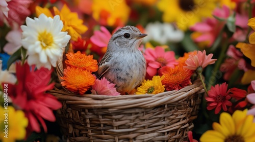 Small bird resting among vibrant flowers in a wicker basket creates a joyful ...