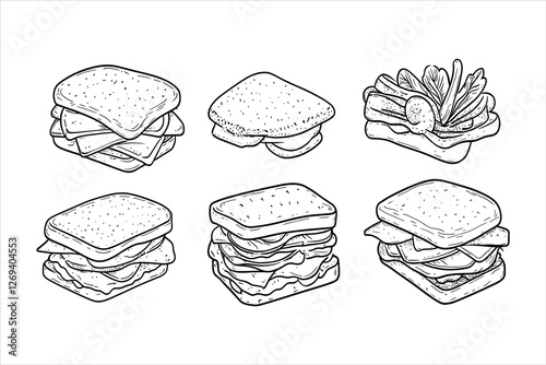 A set of sandwich with fresh vegetable, coloring page for kids,