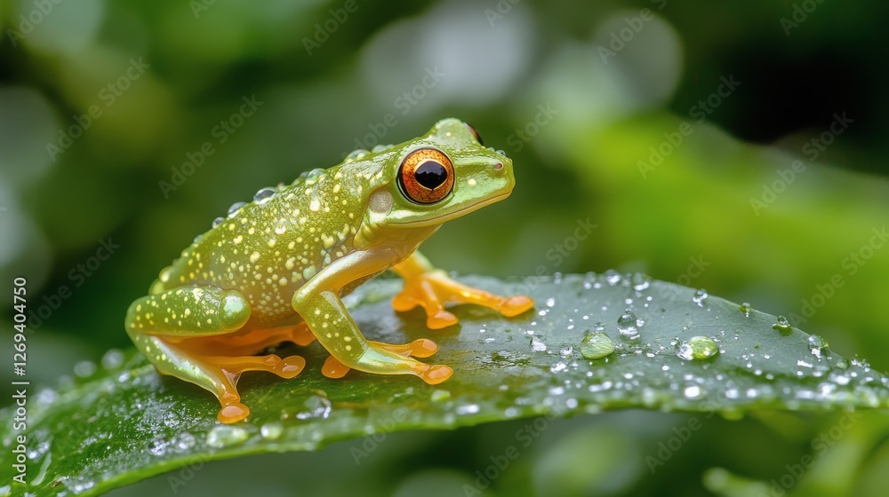Obraz premium Vibrant green frog sitting on a leaf covered in droplets after a rain in a lush environment