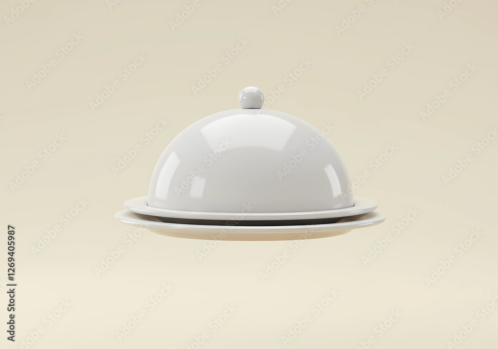 Elegant White Restaurant Dome Platter on Beige Background Elegant White Restaurant Dome Platter on Beige Background