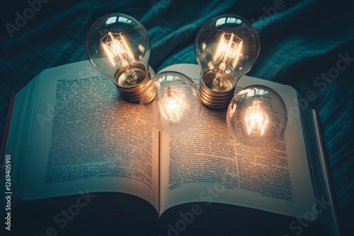 Creative lighting arrangement on an open book with glowing bulbs in a cozy in...