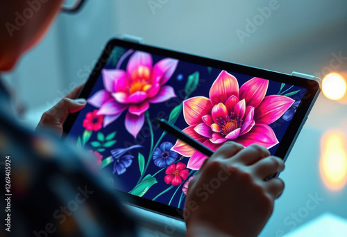 Artista digital creando una obra de arte floral hiperrealista en una tableta, colores vibrantes brillando en la pantalla
 photo