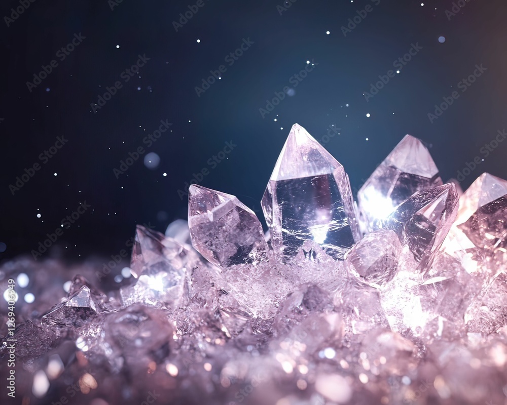Obraz premium A close-up of sparkling crystals reflecting light against a dark background, creating an enchanting and ethereal atmosphere.