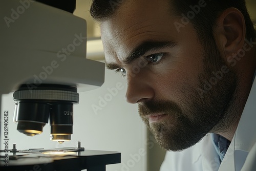 Focused Scientist Examining Sample Under Laboratory Microscope