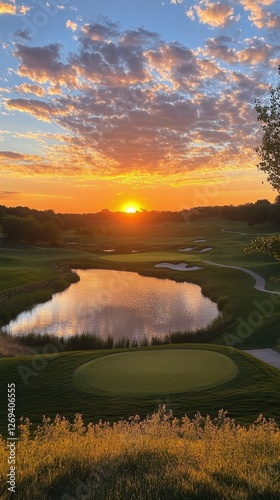 Serene sunset over a golf course pond with lush greenery and vibrant clouds