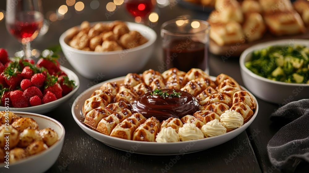 Waffle Day concept. Festive Christmas Party Spread with Delicious Holiday Snacks and Treats Waffle Day concept. Festive Christmas Party Spread with Delicious Holiday Snacks and Treats