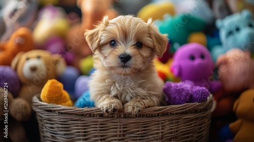 Cute puppy surrounded by colorful plush toys in a cozy basket