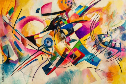 Colorful abstract artwork displaying dynamic shapes and vibrant colors in a m...