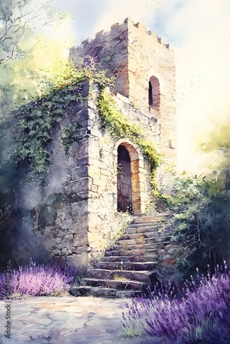 Sunlit Ruins of an Old Castle Draped in Ivy and Lavender Blossoms in Soft Watercolor Tones
