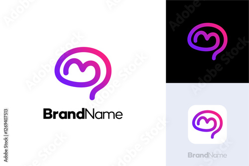Initial Letter M Brain Logo, Icon M Letter Smart Vector template element, simple modern letter M with monoline brain sign symbol. 