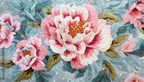 Wallpaper Mural Delicate floral embroidery featuring pink peonies on a soft blue background, representing elegance and artistry in textile design Torontodigital.ca