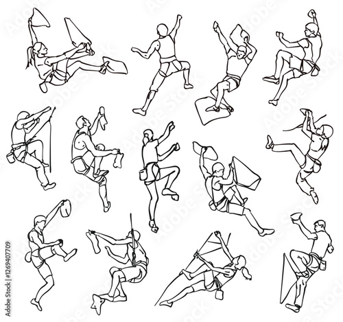 illustrations of rock climbers. Vector silhouette set 