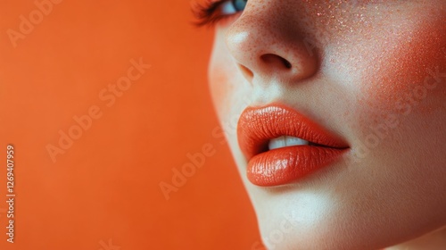 Portrait of a young woman with curly hair on a vibrant orange background high...