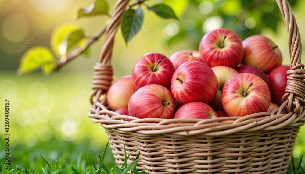 Seasonal produce picking, vibrant apples in a basket on grass, autumn joy Seasonal produce picking, vibrant apples in a basket on grass, autumn joy