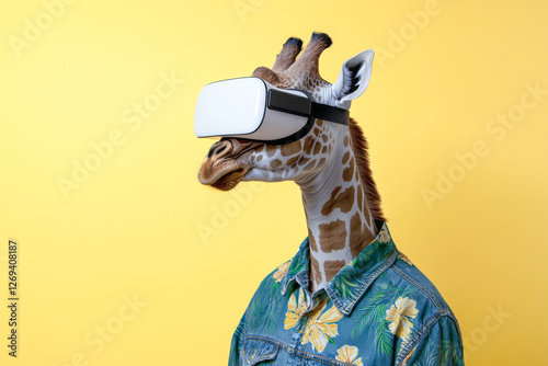 Giraffe with VR Headset on Yellow Background: Funny Animal with Virtual Reality Headset and Hawaiian Jeans Shirt on Vibrant Yellow Backdrop