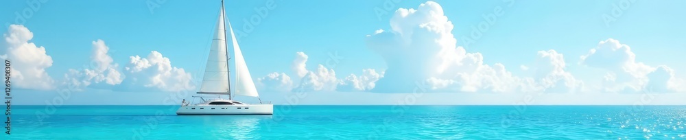 A serene sailing yacht with white sails drifting lazily across turquoise waters amidst light blue sky and fluffy white clouds, sailing, boating, yacht A serene sailing yacht with white sails drifting lazily across turquoise waters amidst light blue sky and fluffy white clouds, sailing, boating, yacht