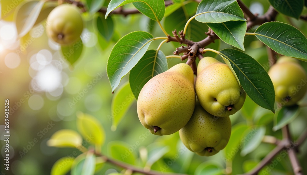 Seasonal produce picking, close-up of ripe pears on tree branch, nature Seasonal produce picking, close-up of ripe pears on tree branch, nature
