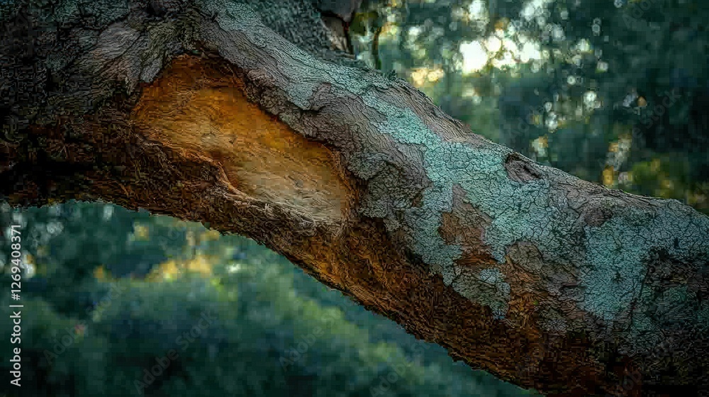 Damaged tree branch, park, sunlight, bokeh background, nature texture Damaged tree branch, park, sunlight, bokeh background, nature texture