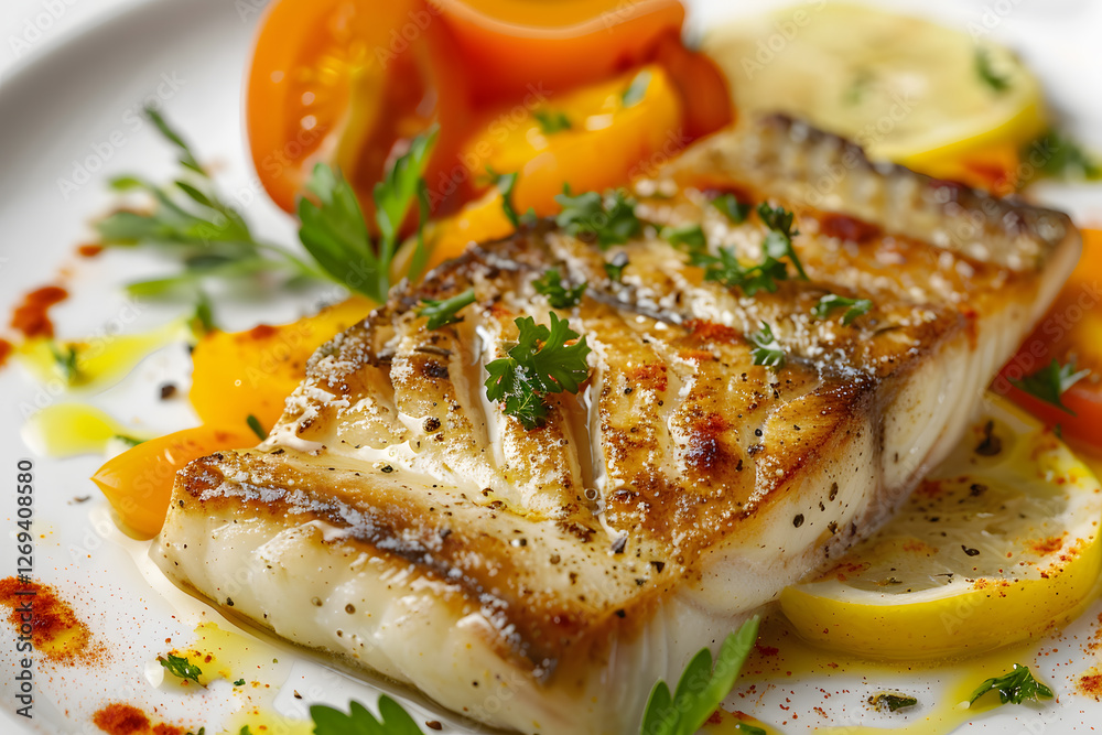 Grilled cod fillet with fresh herbs and vegetables Grilled cod fillet with fresh herbs and vegetables